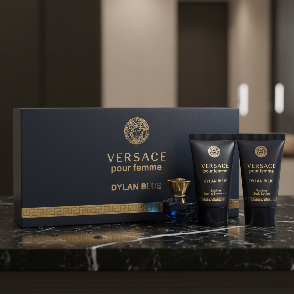 Versace Pour Femme Dylan Blue by Versace Gift Set -- 0.17 oz Mini EDP + 0.8 oz Body Lotion + 0.8 oz Shower Gel (Women)
