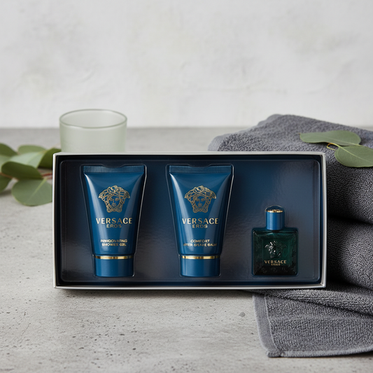 Versace Eros by Versace Gift Set -- .17 oz Mini EDT + .8 oz Shower Gel + .8 oz After Shave Balm (Men)