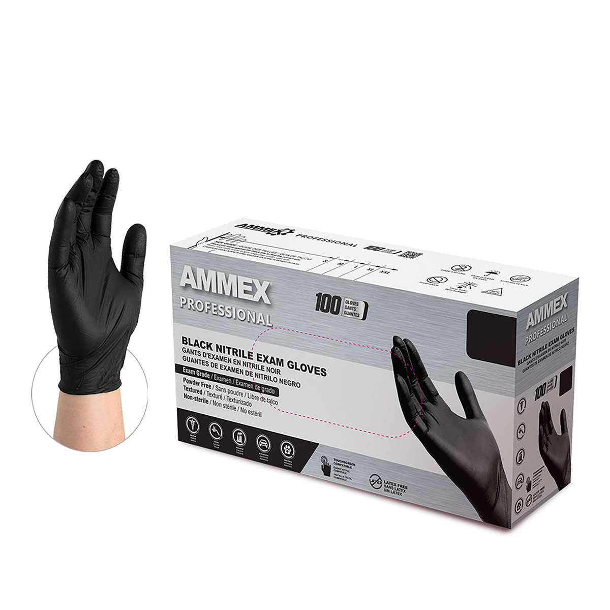 Ammex Black Nitrile PF Exam Gloves, Medium