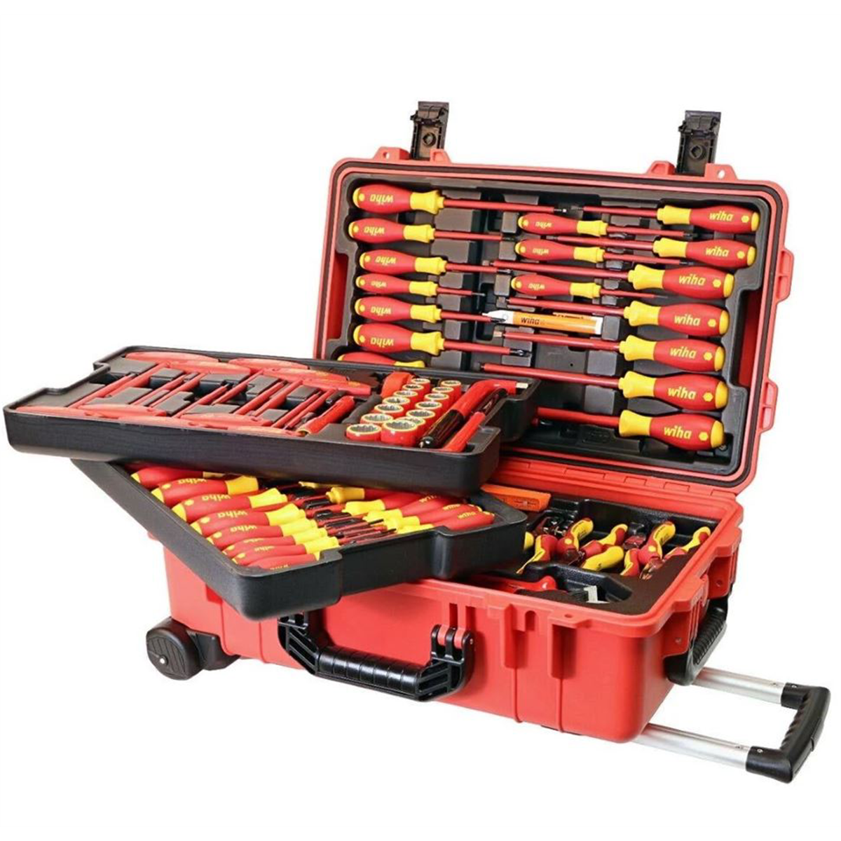 Wiha Tools Insul. 80 Piece Tool Set w/ Screwdrivers, Nut Drivers, Pliers, Cutters, Ruler, Knife, Sockets in 22" L x 13 3/4" W x 9" H Rolling Tool Case