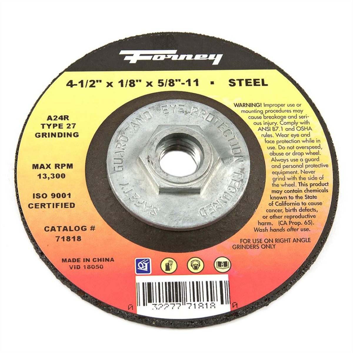 Forney Industries Grinding Wheel, Metal, Type 27, 4-1/2 in x 1/8 in x 5/8 in-11