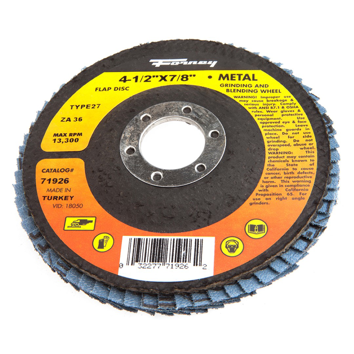 Forney Industries Flap Disc, Type 27, 4-1/2 in x 7/8 in, ZA36