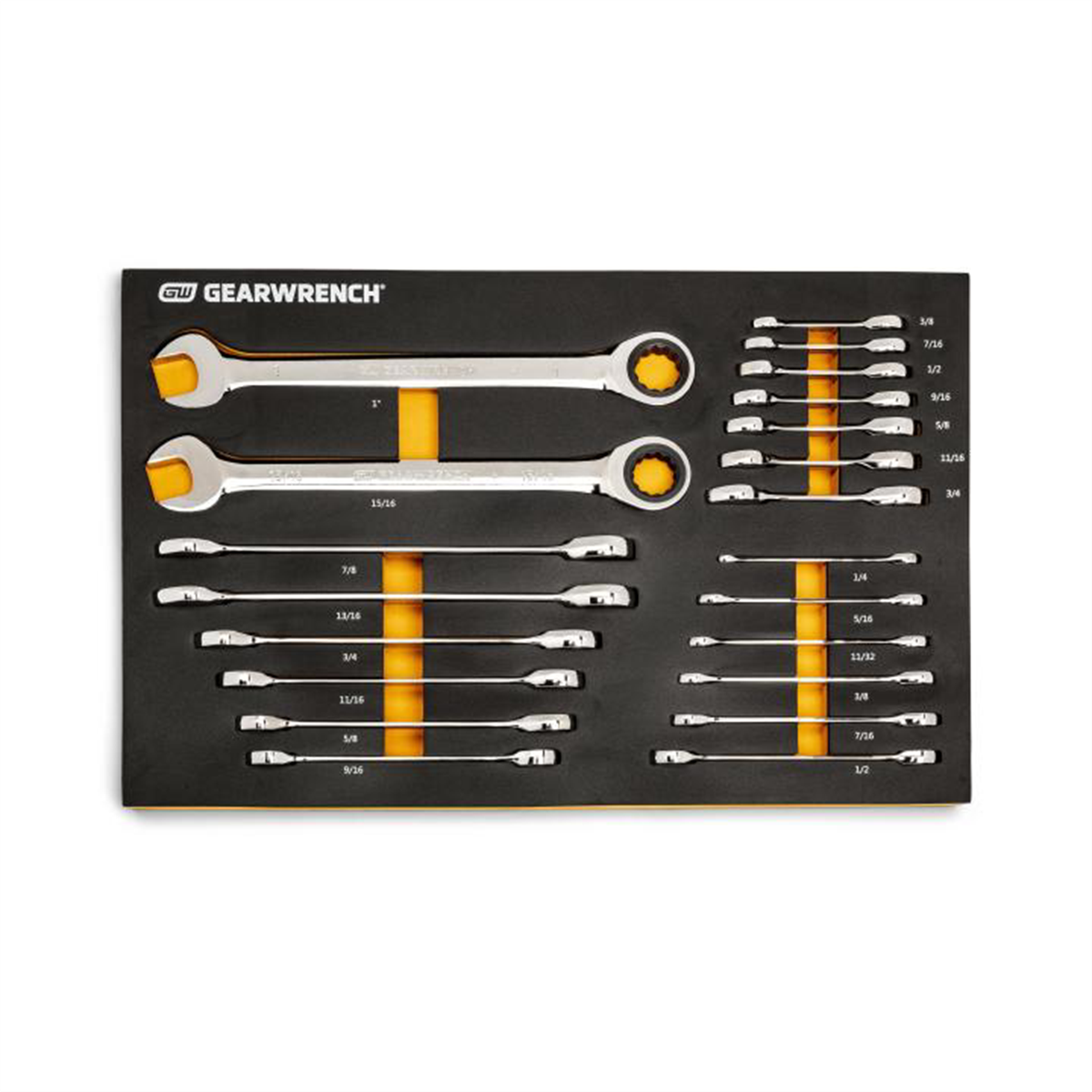 GearWrench 21 Piece 72-Tooth 12 Point SAE Standard & Stubby Combination Ratcheting Wrench Set with Foam Storage Tray