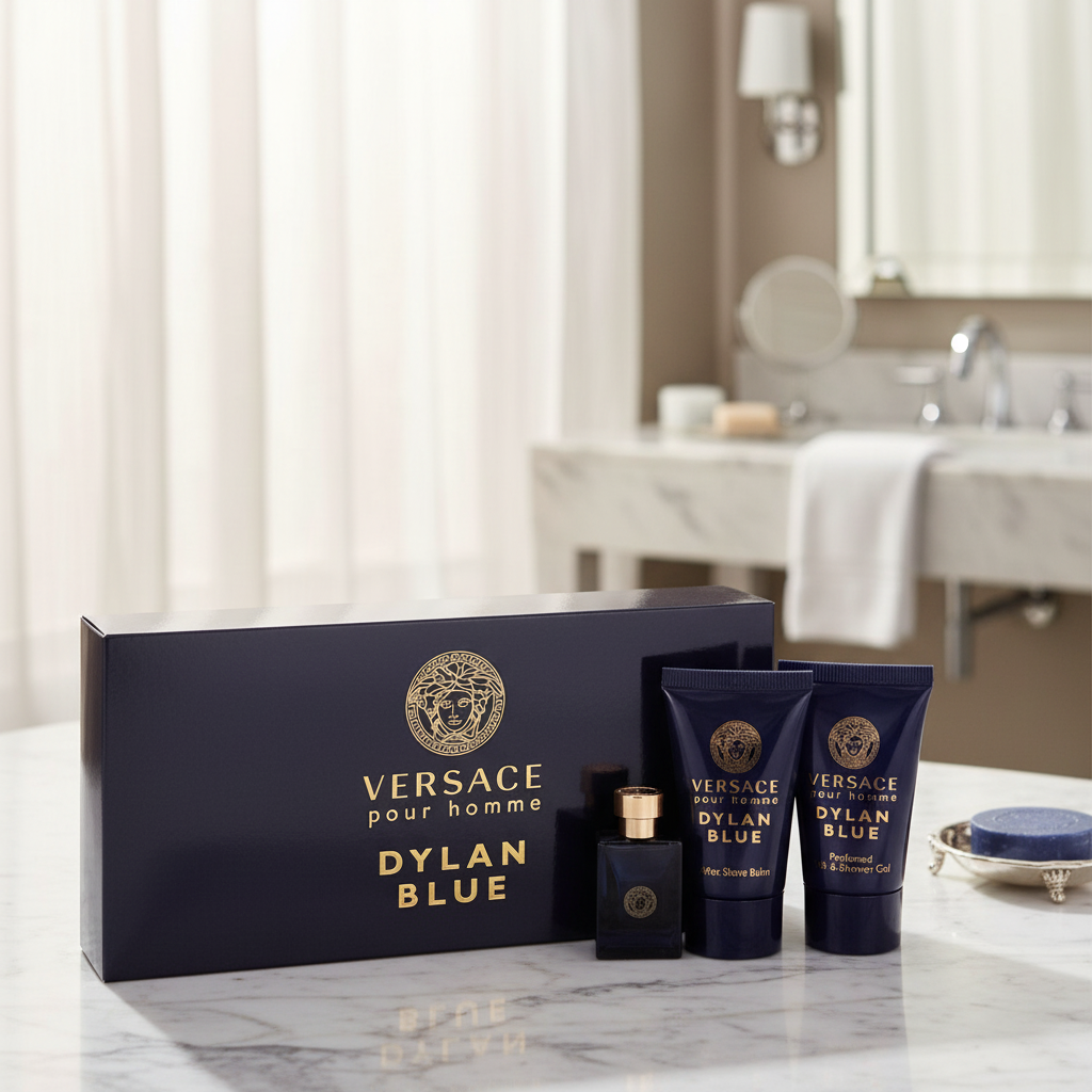 Versace Pour Homme Dylan Blue by Versace Gift Set -- 0.17 oz Mini EDT + 0.8 oz After Shave Balm + 0.8 oz Shower Gel (Men)