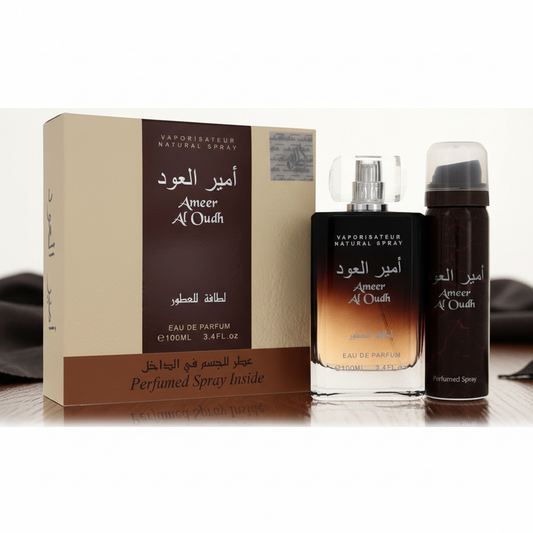 Ameer Al Oudh by Lattafa Gift Set -- 3.4 oz Eau De Parfum Spray + 1.7 oz Perfumed Spray (Men)