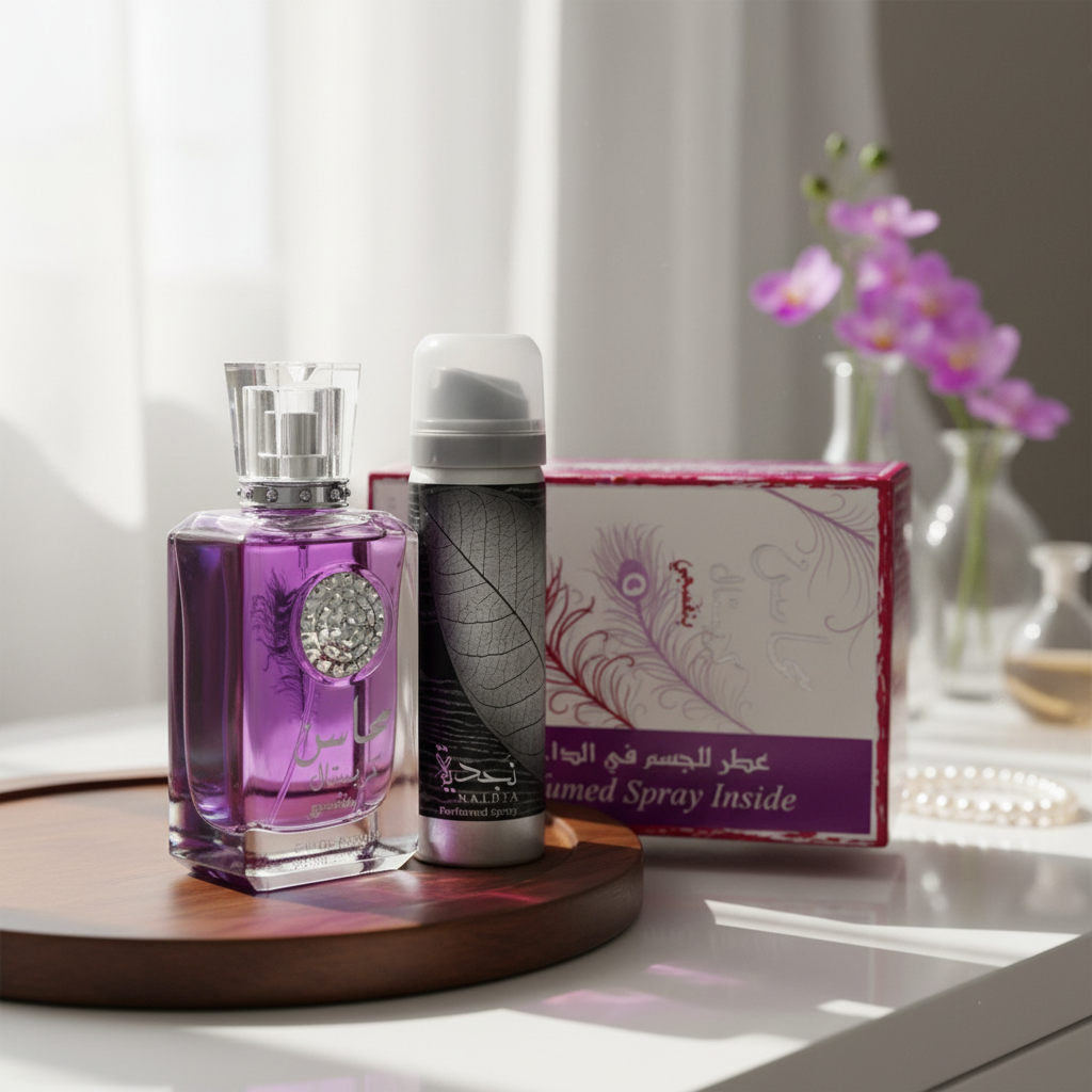 Lattafa Mahasin Crystal Violet by Lattafa Eau De Parfum Spray with 1.7 oz Deodorant Spray 3.4 oz (Women)