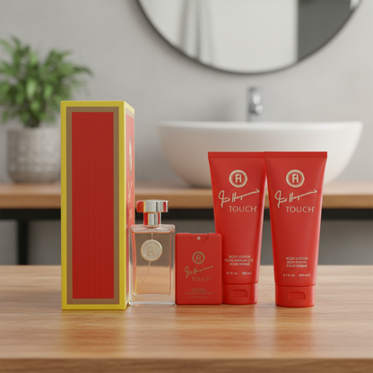 Touch by Fred Hayman Gift Set -- 3.4 oz Eau De Toilette Spary + 6.7 oz Body Lotion + 6.7 oz Shower Gel + 0.61 oz Pocket Soray (Women)