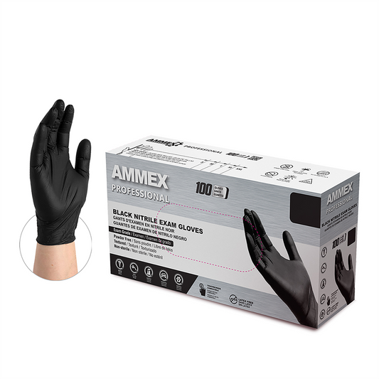 Ammex Black Nitrile PF Exam Gloves, Small