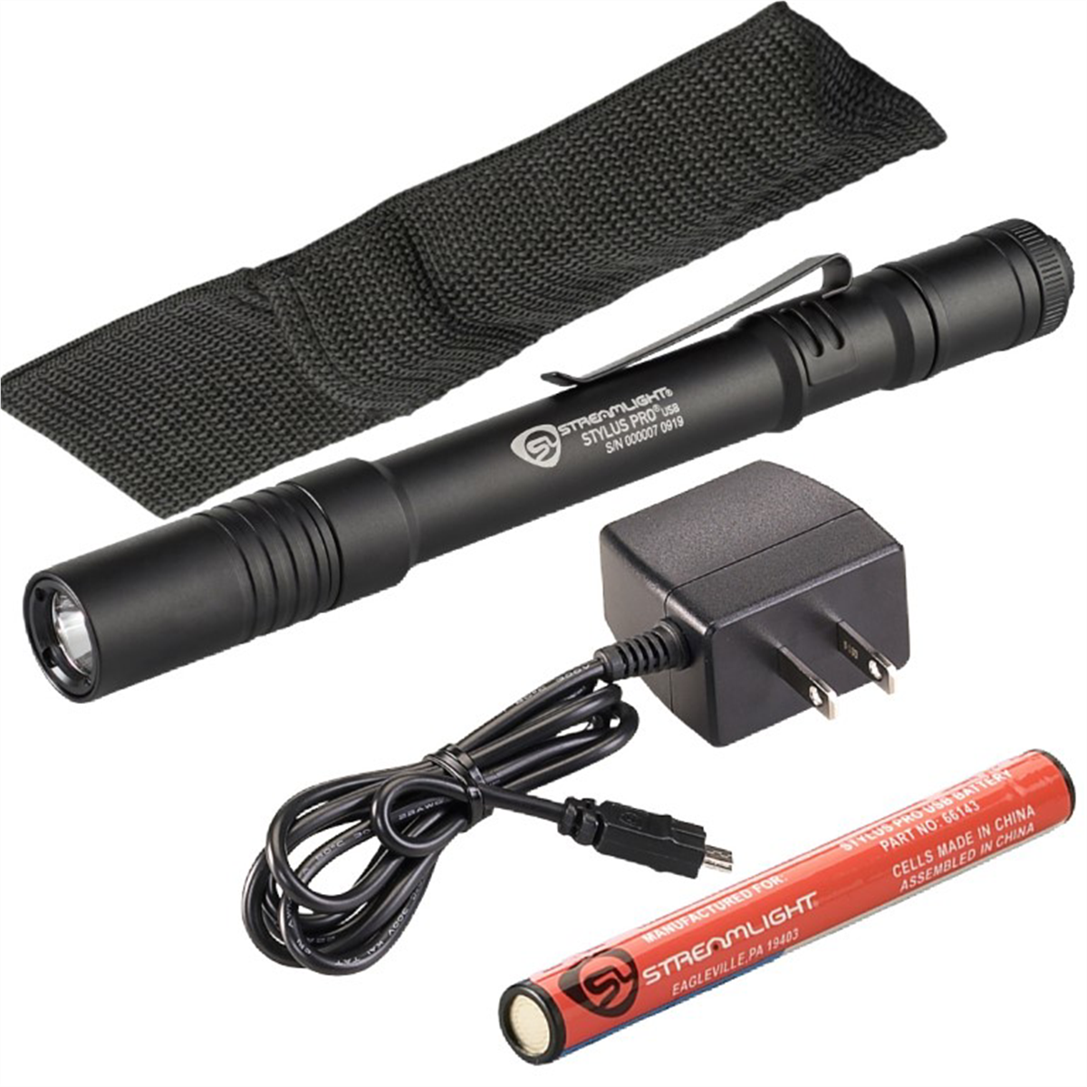 Streamlight 350 Lumen Stylus Pro USB Penlight - 120V AC - Includes nylon holster - Black with White LED