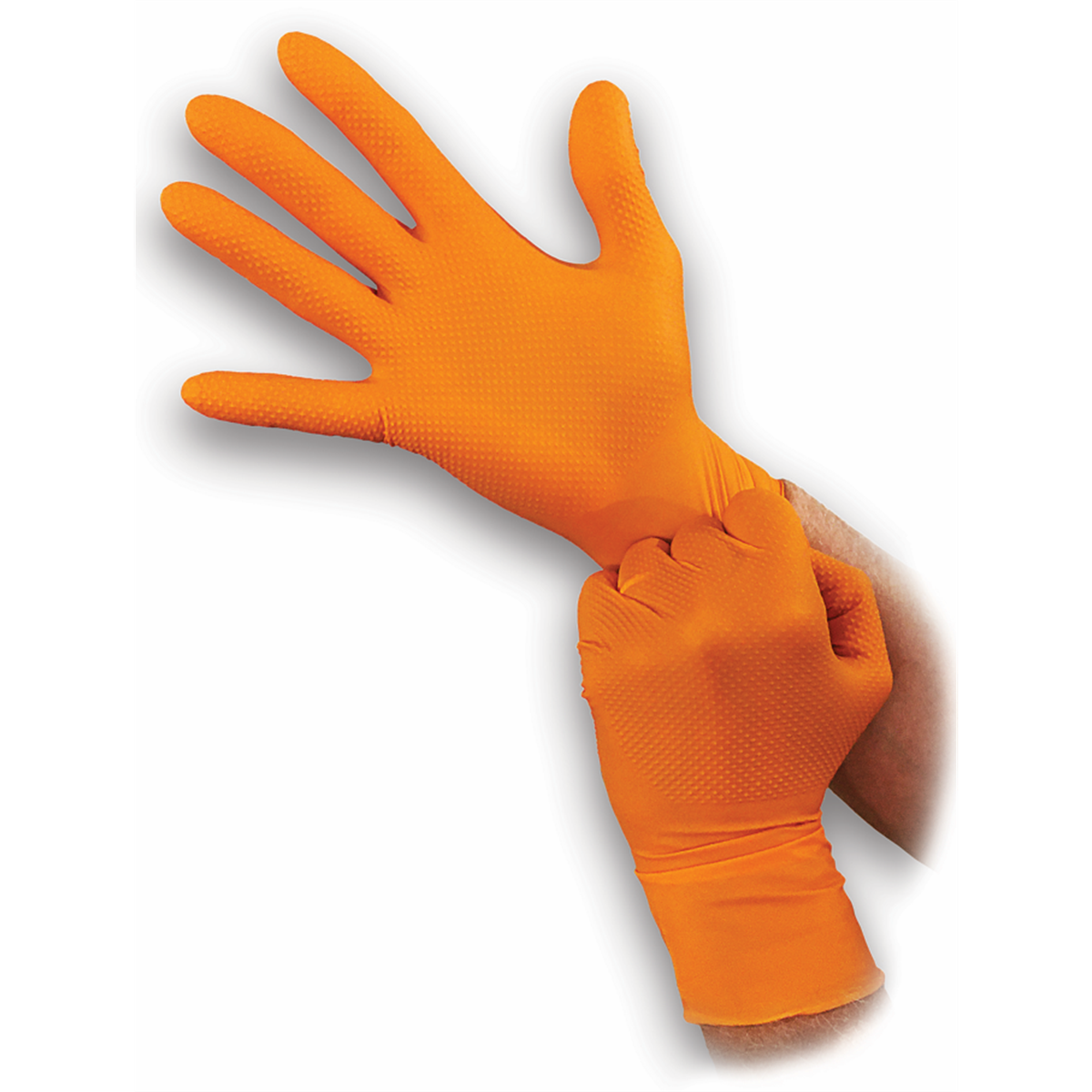 Atlantic Safety Company Super tough orange 8mil powder free nitrile disposable gloves with aggressive diamond grip. Touchscreen compatible, food safe and resists most chemicals. Latex Free. Not for Medical Use. 100/box. M