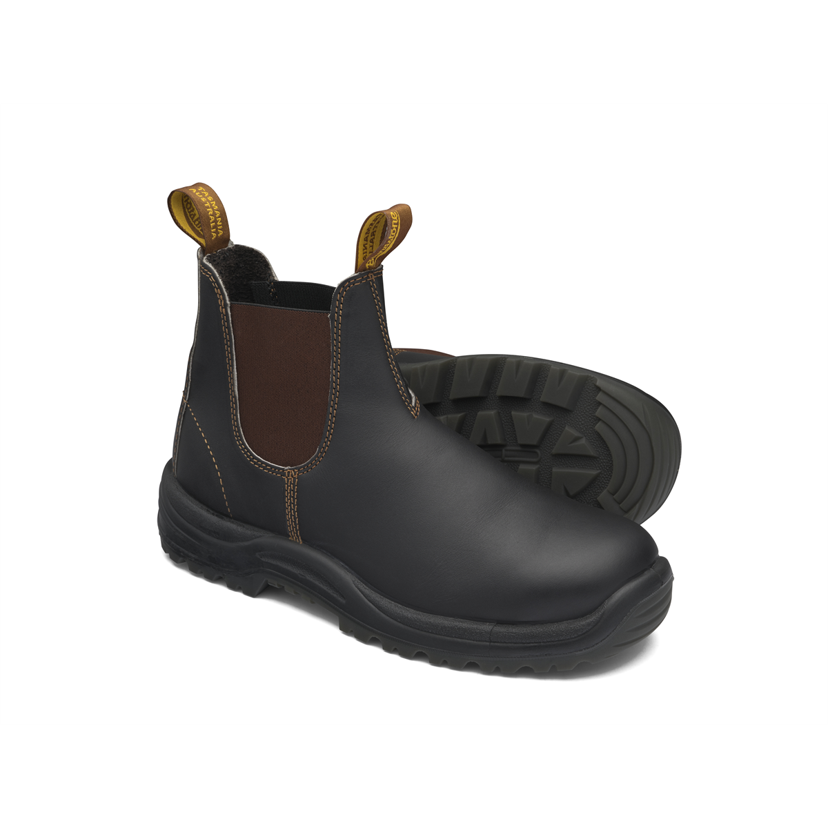 Blundstone Steel Toe Elastic Side Slip-On Boots, Kick Guard, Water Resistant, Stout Brown, AU size 9.5, US size 10.5