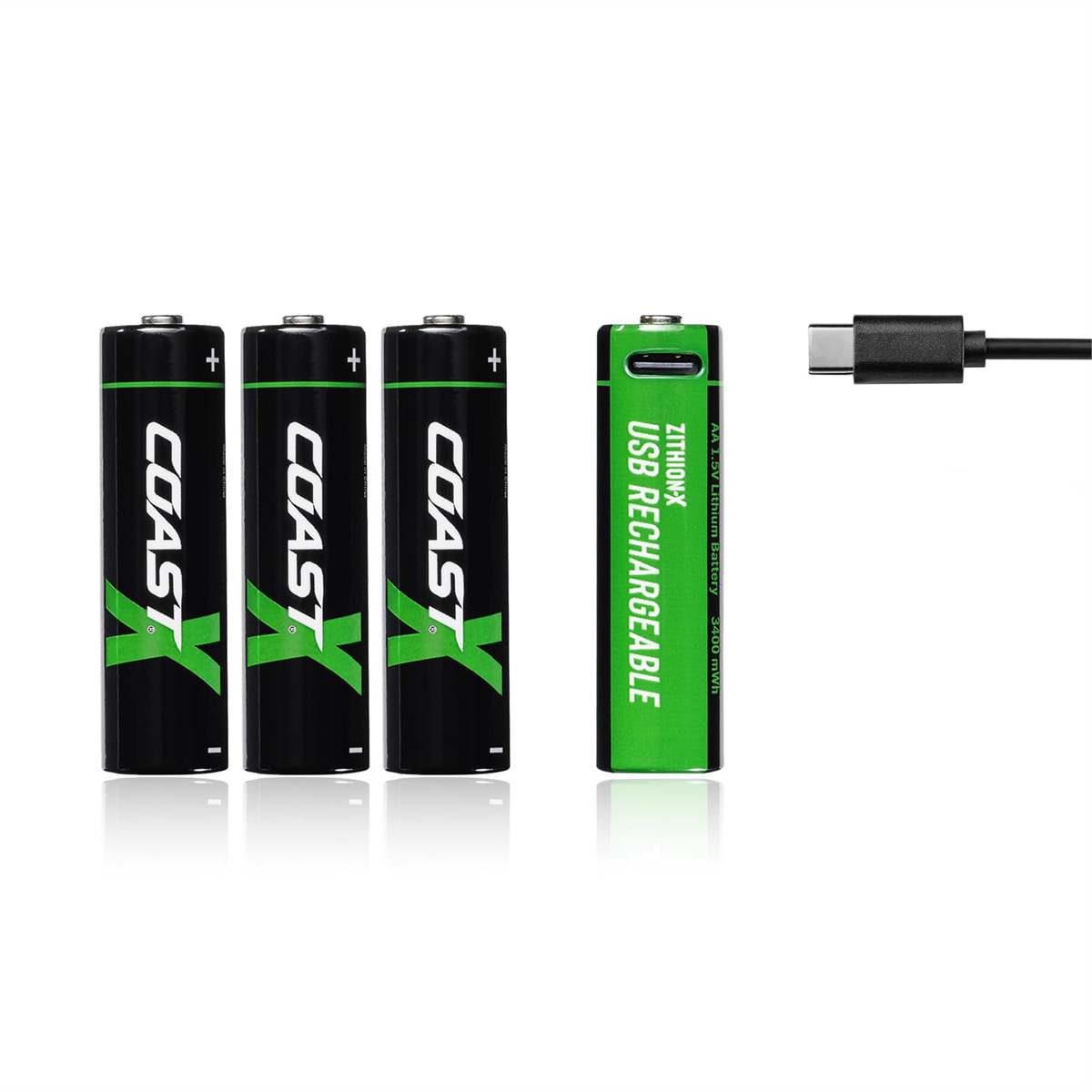 COAST Products Zithion-X AA Rechargeable Lithium-Ion Batteries with USB-C Port (1.5V, 2400mAh, 4-Pack)