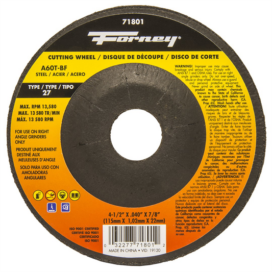 Forney Industries Cut-Off Wheel, Metal, Type 27, 4-1/2 in x .040 in x 7/8 in