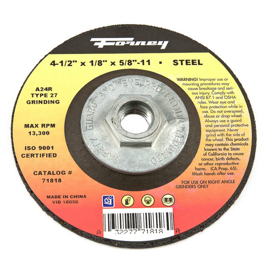 Forney Industries Grinding Wheel, Metal, Type 27, 4-1/2 in x 1/8 in x 5/8 in-11