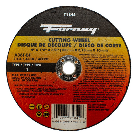 Forney Industries Cut-Off Wheel, Metal, Type 1, 4 in x 1/8 in x 3/8 in