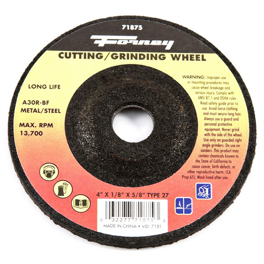Forney Industries Grinding Wheel, Metal, Type 27, 4 in x 1/8 in x 5/8 in