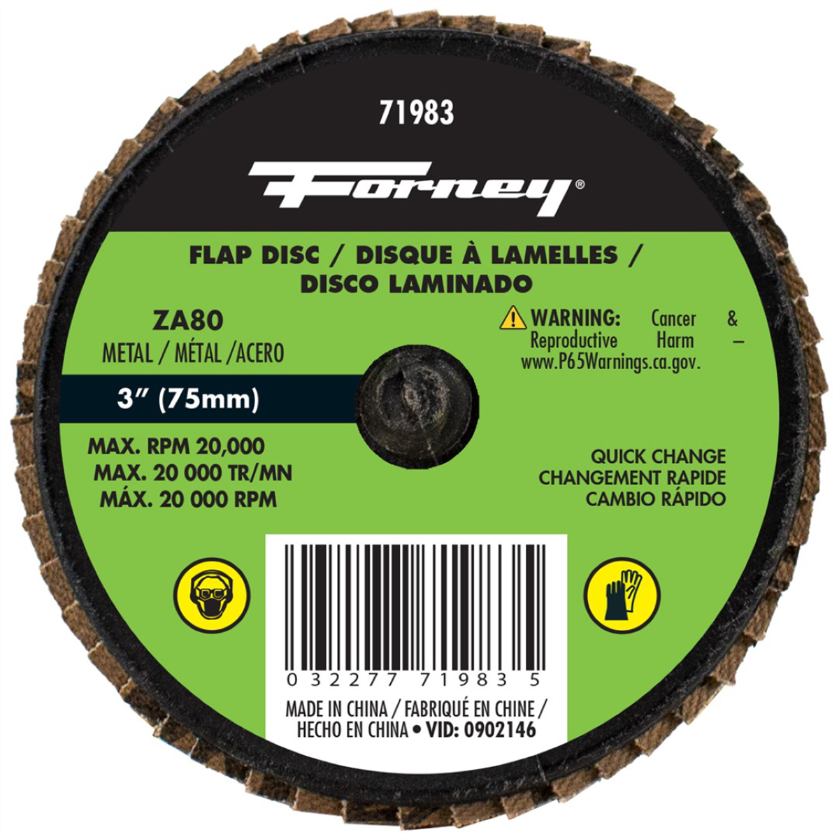 Forney Industries Quick Change Flap Disc, 80 Grit, 3 in