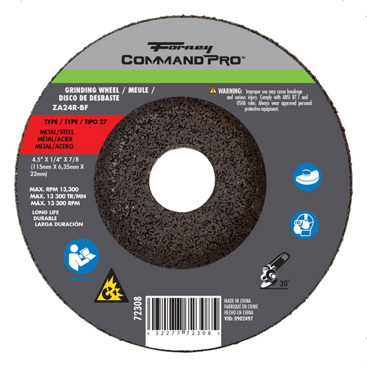 Forney Industries Grinding Wheel, Metal, Type 27, 4-1/2 in x 1/4 in x 7/8 in