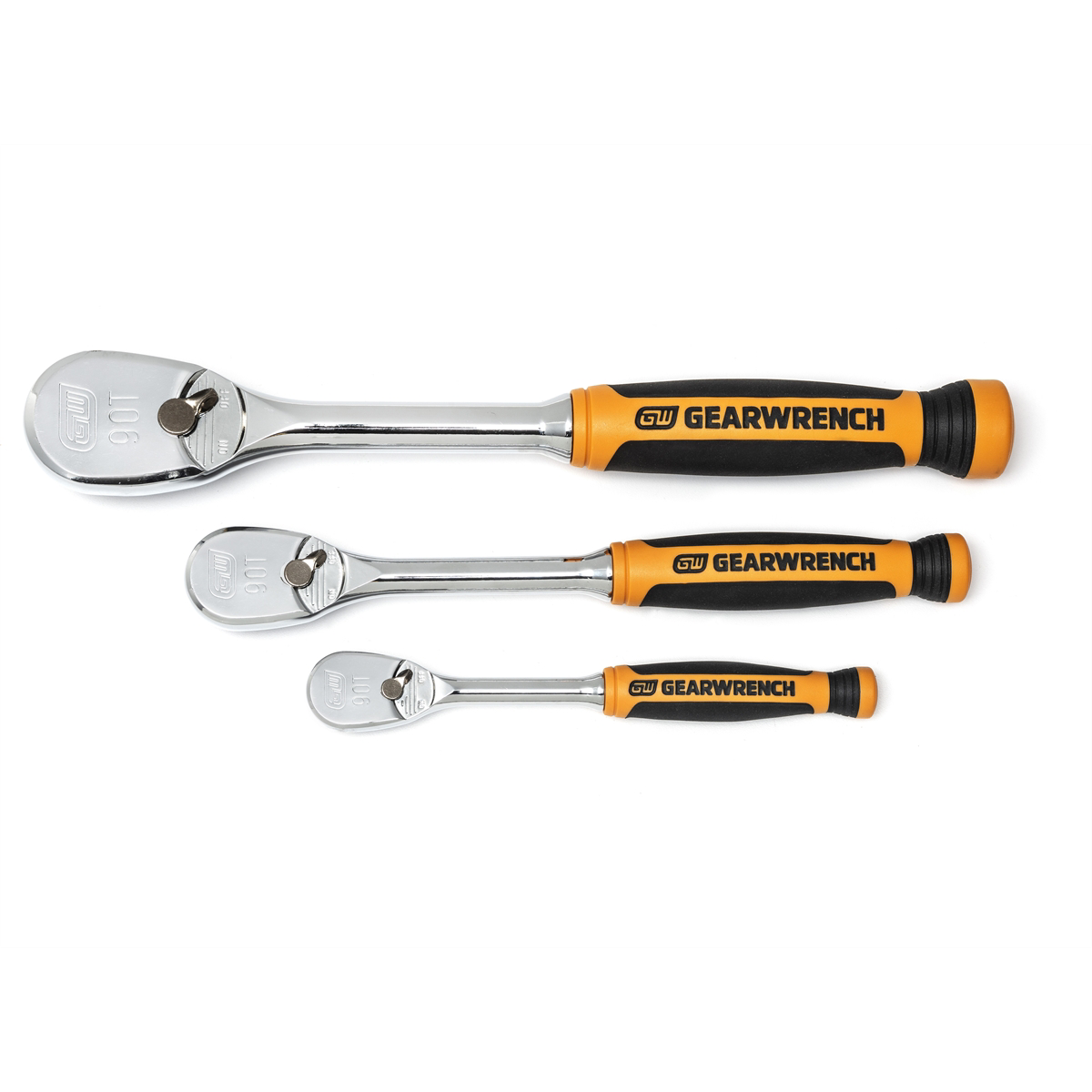 GearWrench 3 Piece 1/4 Inch, 3/8 Inch & 1/2 Inch Drive 90-Tooth Dual Material Teardrop Ratchet Set