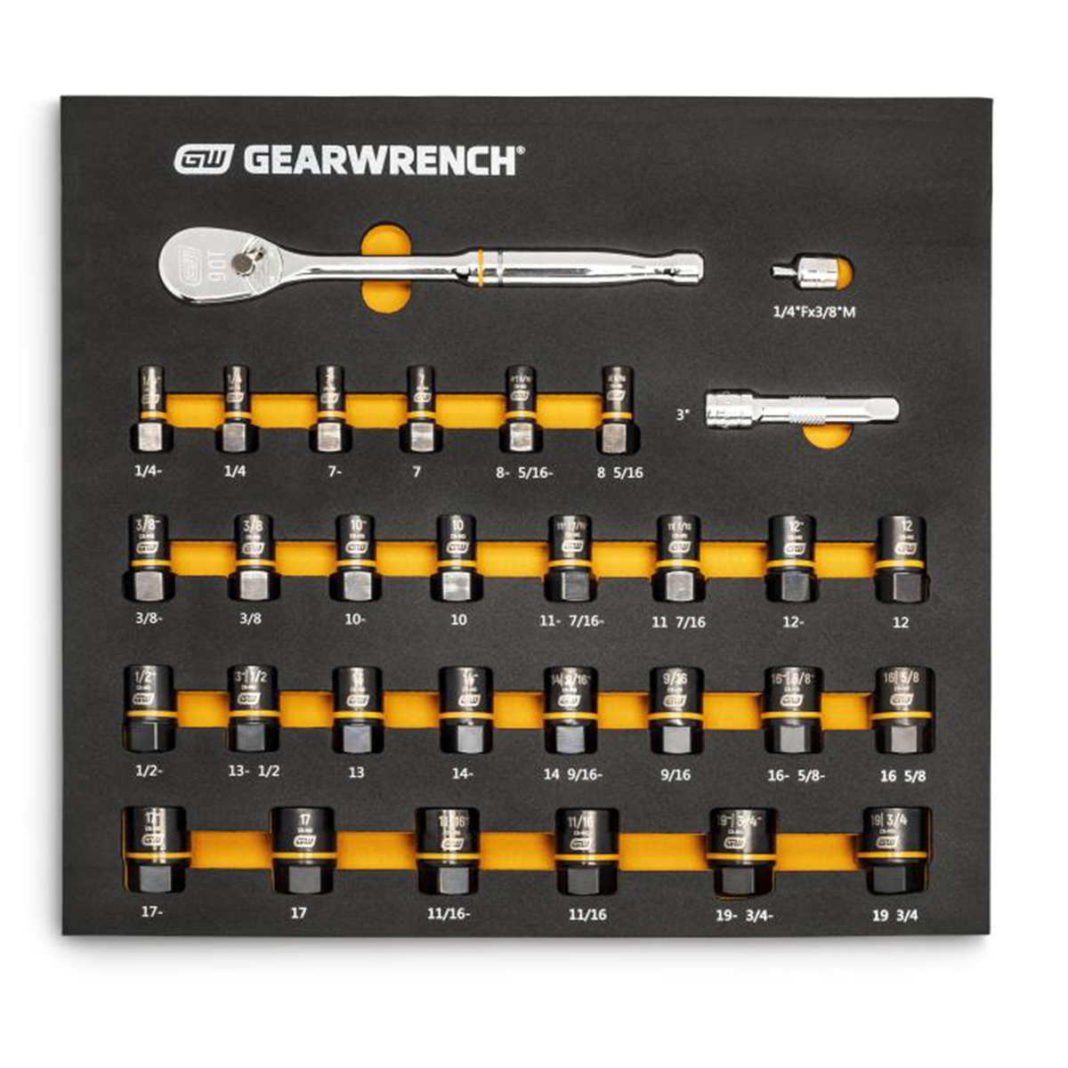 GearWrench 31 Piece 3/8 Inch Drive 90T Ratchet and Bolt Biter Socket Set with Foam Storage Tray