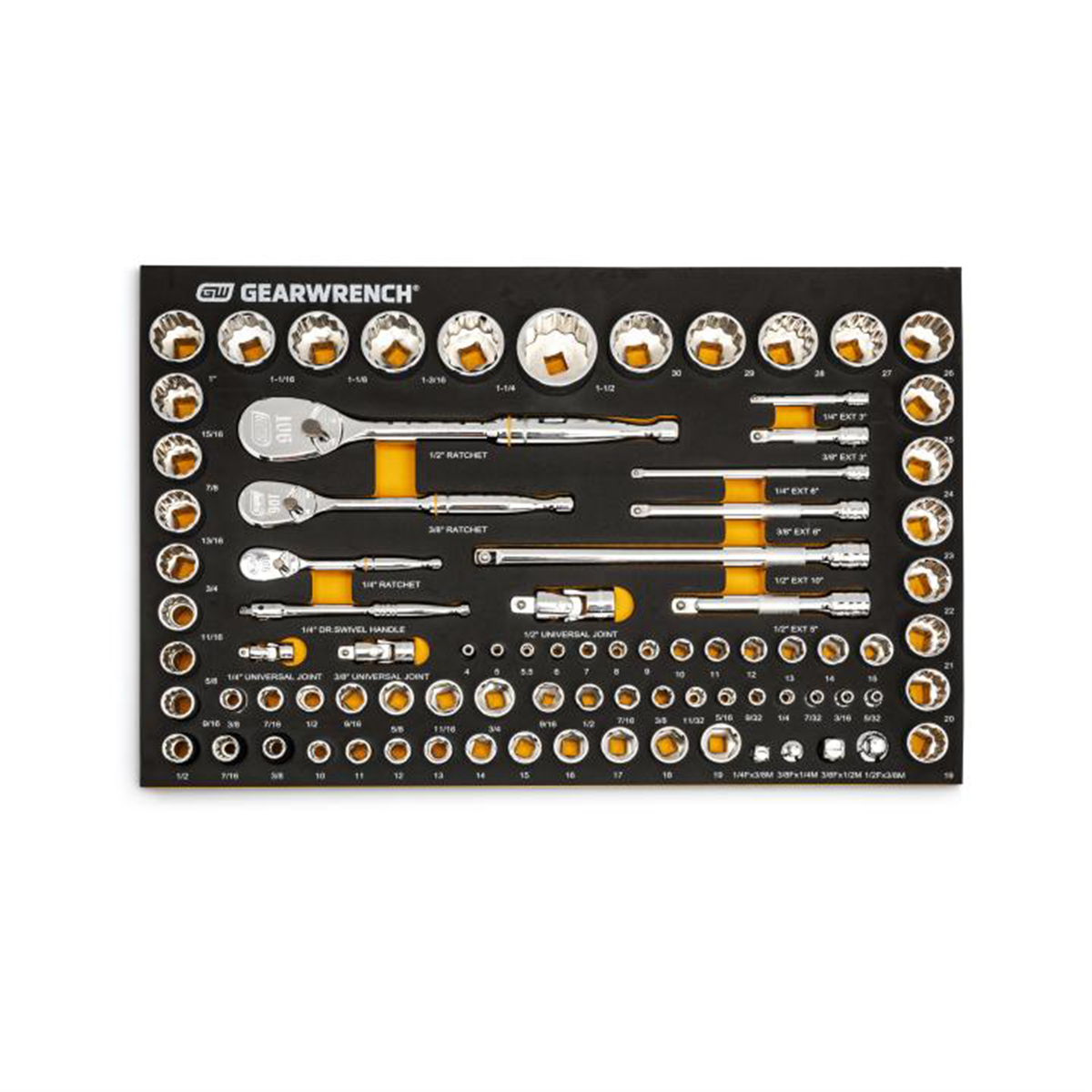 GearWrench 83 Piece 1/4 Inch, 3/8 Inch, & 1/2 Inch 90-Tooth SAE/Metric Mechanics Tool Set with Foam Storage Tray