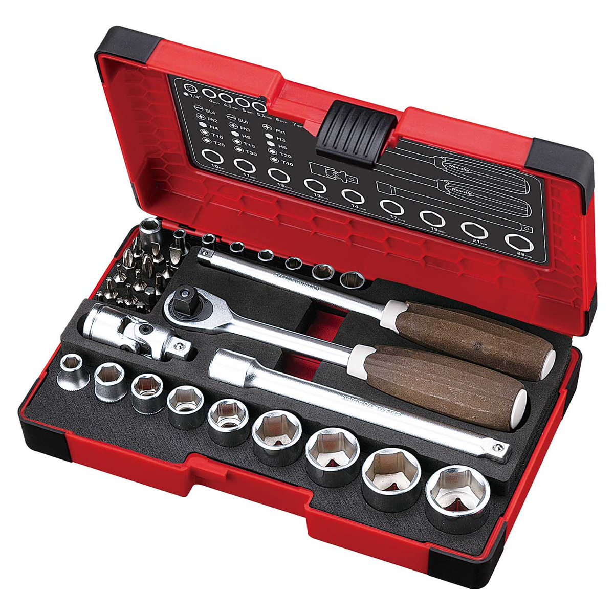 Vessel Tools WOOD-COMPO Socket Wrench Set No.HRW2303M-W 1/4" & 3/8" SQ Drive 36PC. Set